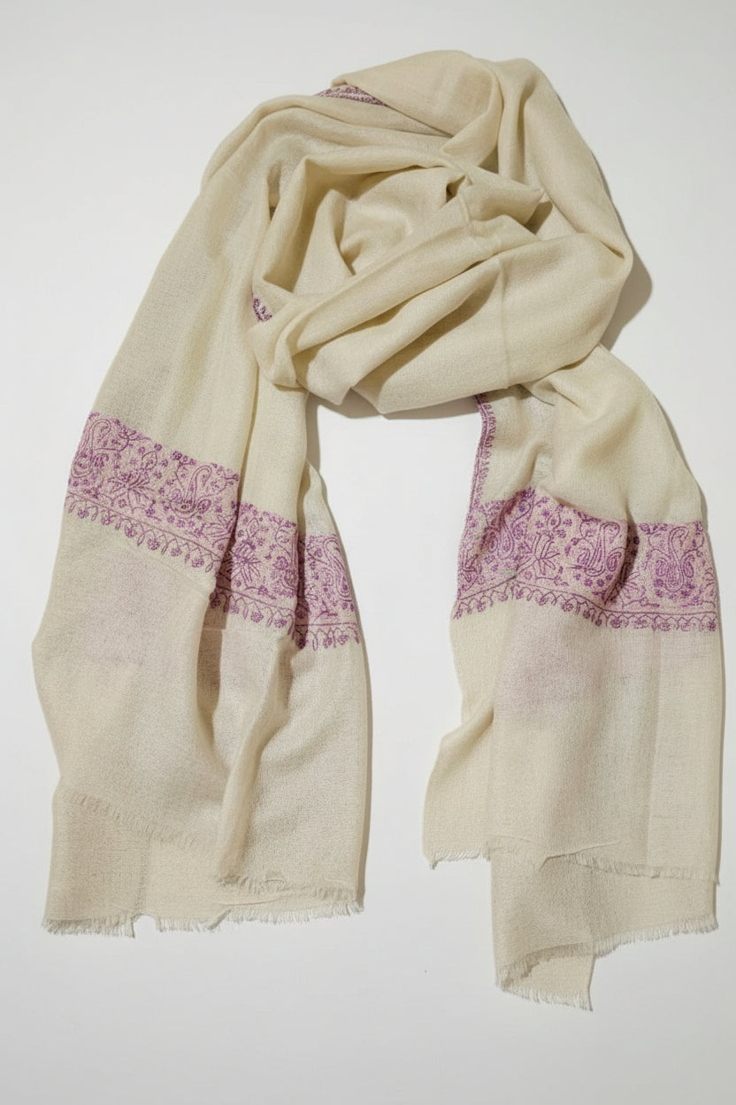 Pure Pashmina Shawl - Cream with Pink Hand Embroidery