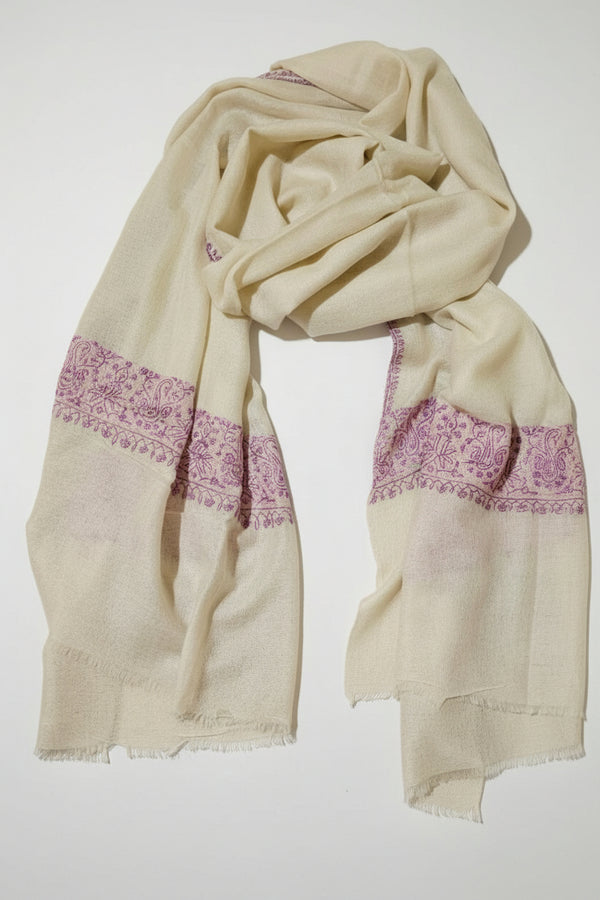 Pure Pashmina Shawl - Cream with Pink Hand Embroidery