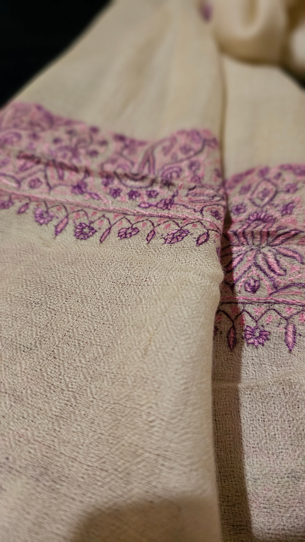 Pure Pashmina Shawl - Cream with Pink Hand Embroidery