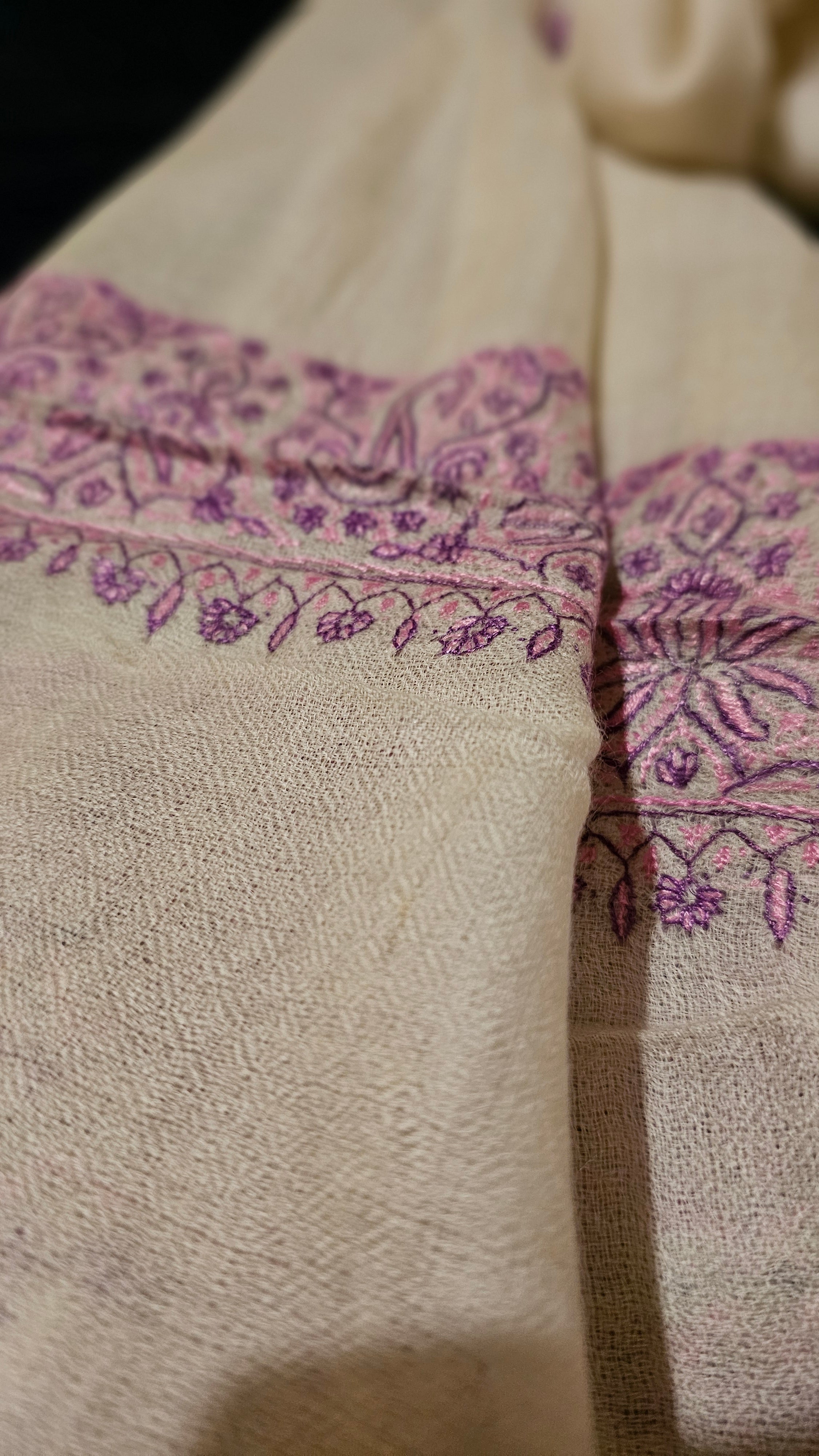 Pure Pashmina Shawl - Cream with Pink Hand Embroidery