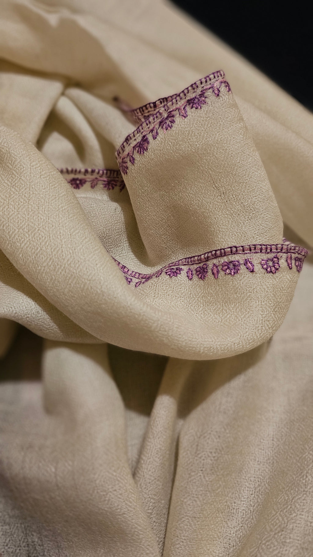 Pure Pashmina Shawl - Cream with Pink Hand Embroidery