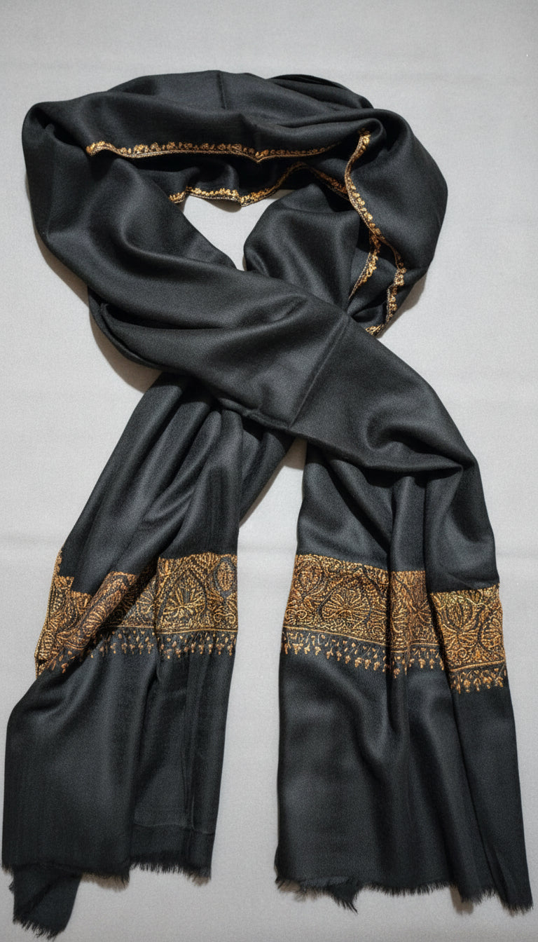 Pure Pashmina Shawl - Black with Gold Hand Embroidery