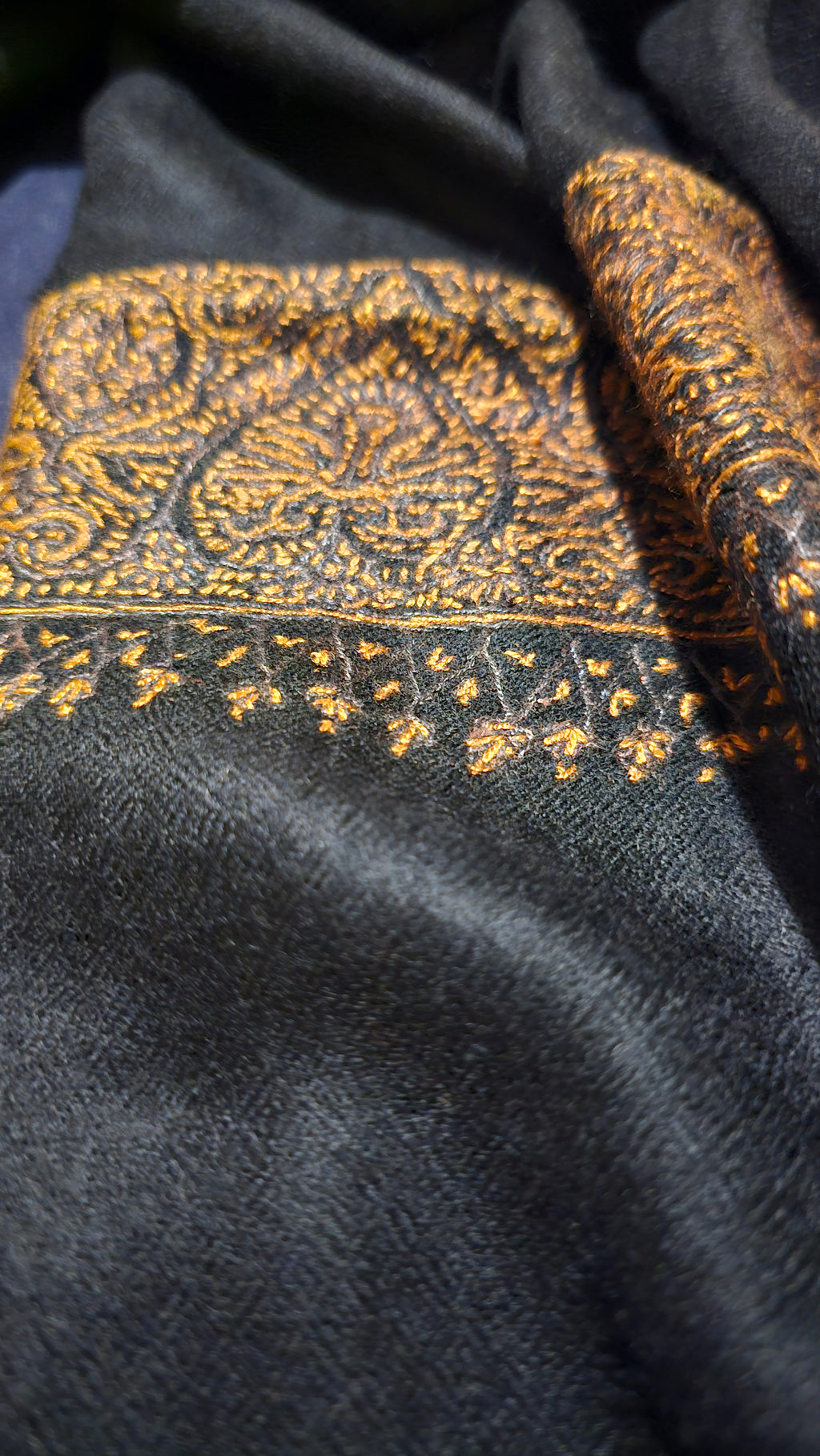 Pure Pashmina Shawl - Black with Gold Hand Embroidery