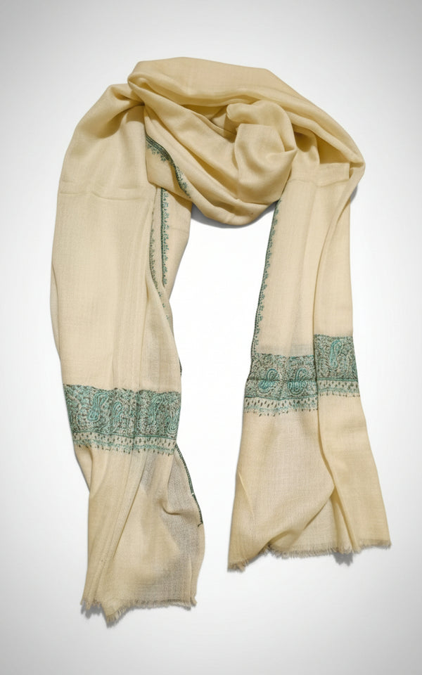 Pure Pashmina Shawl - Cream with Green Hand Embroidery