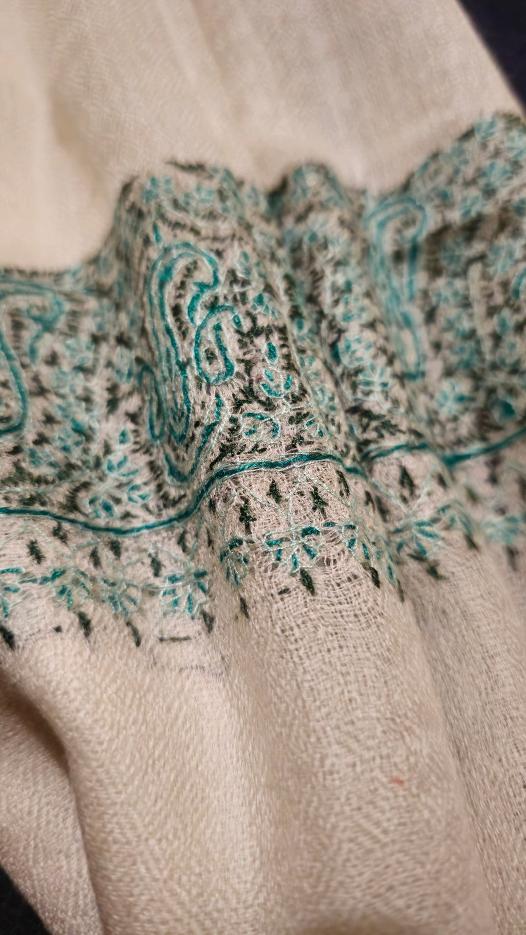 Pure Pashmina Shawl - Cream with Green Hand Embroidery