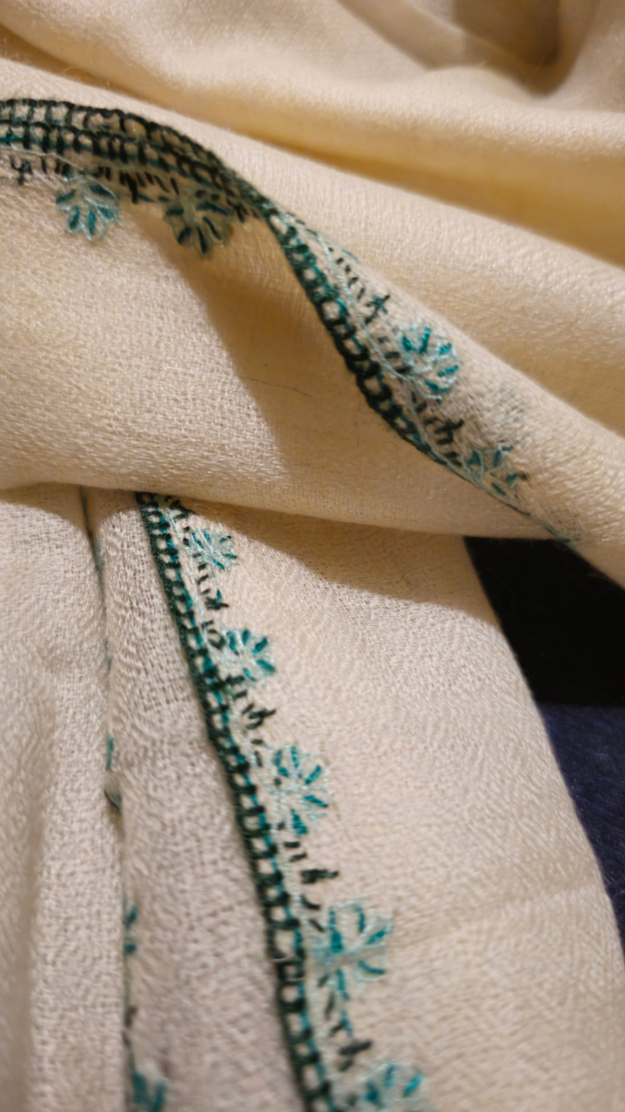 Pure Pashmina Shawl - Cream with Green Hand Embroidery