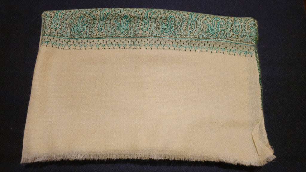 Pure Pashmina Shawl - Cream with Green Hand Embroidery