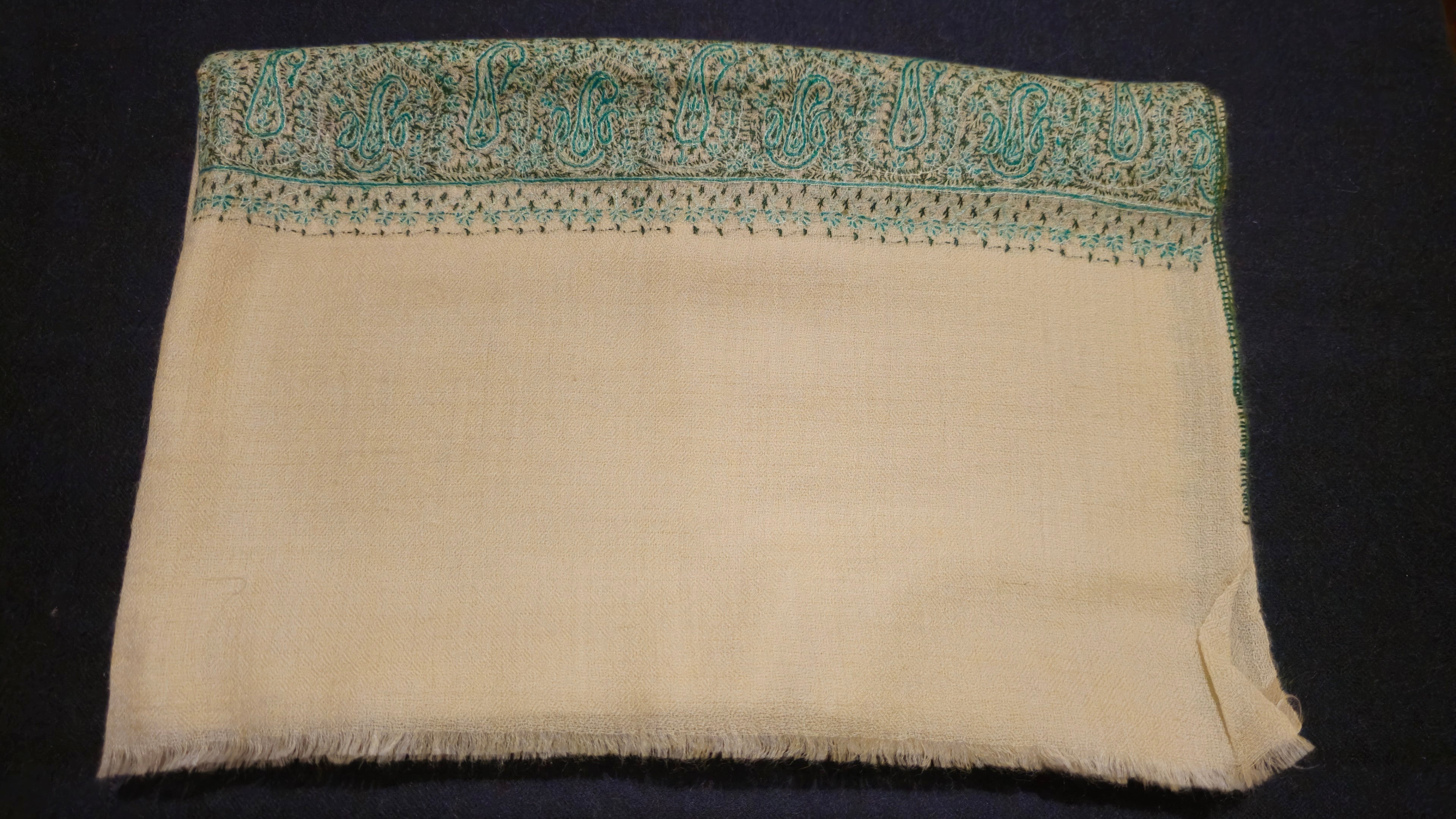Pure Pashmina Shawl - Cream with Green Hand Embroidery