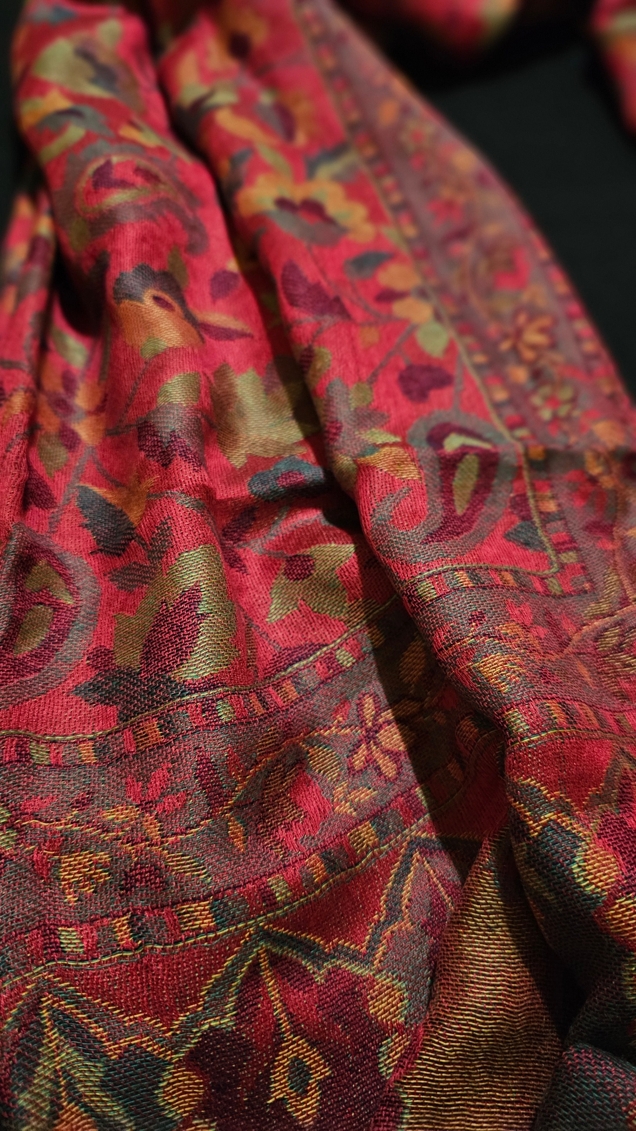 Burgundy & Coral Decorative Hand-Loomed Pashmina