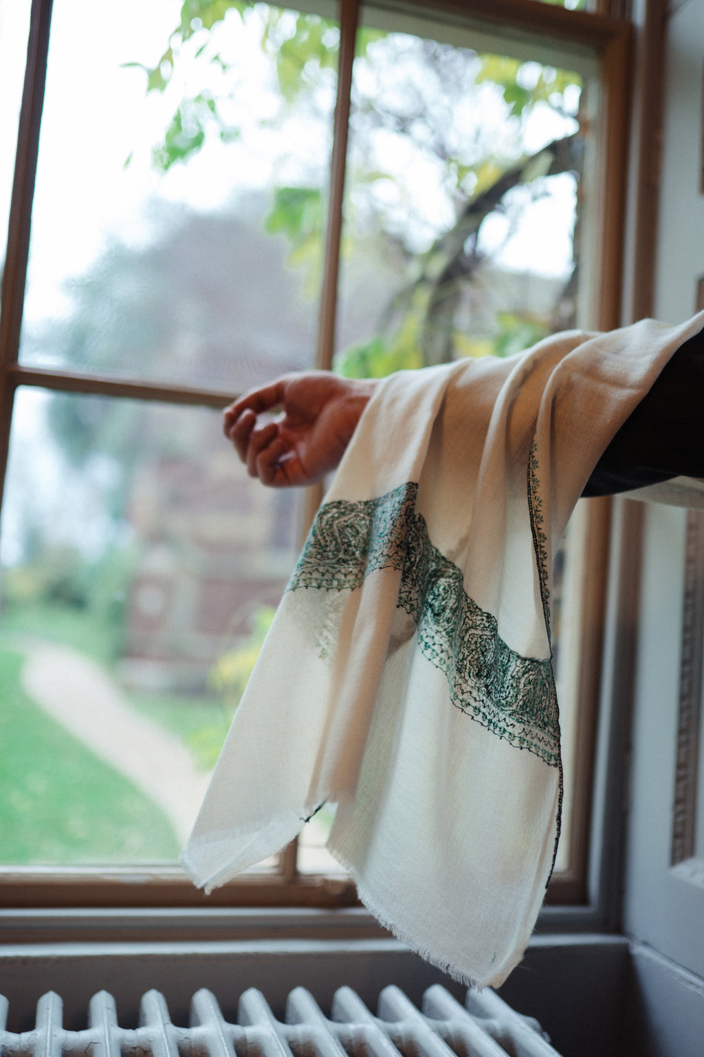 Pure Pashmina Shawl - Cream with Green Hand Embroidery