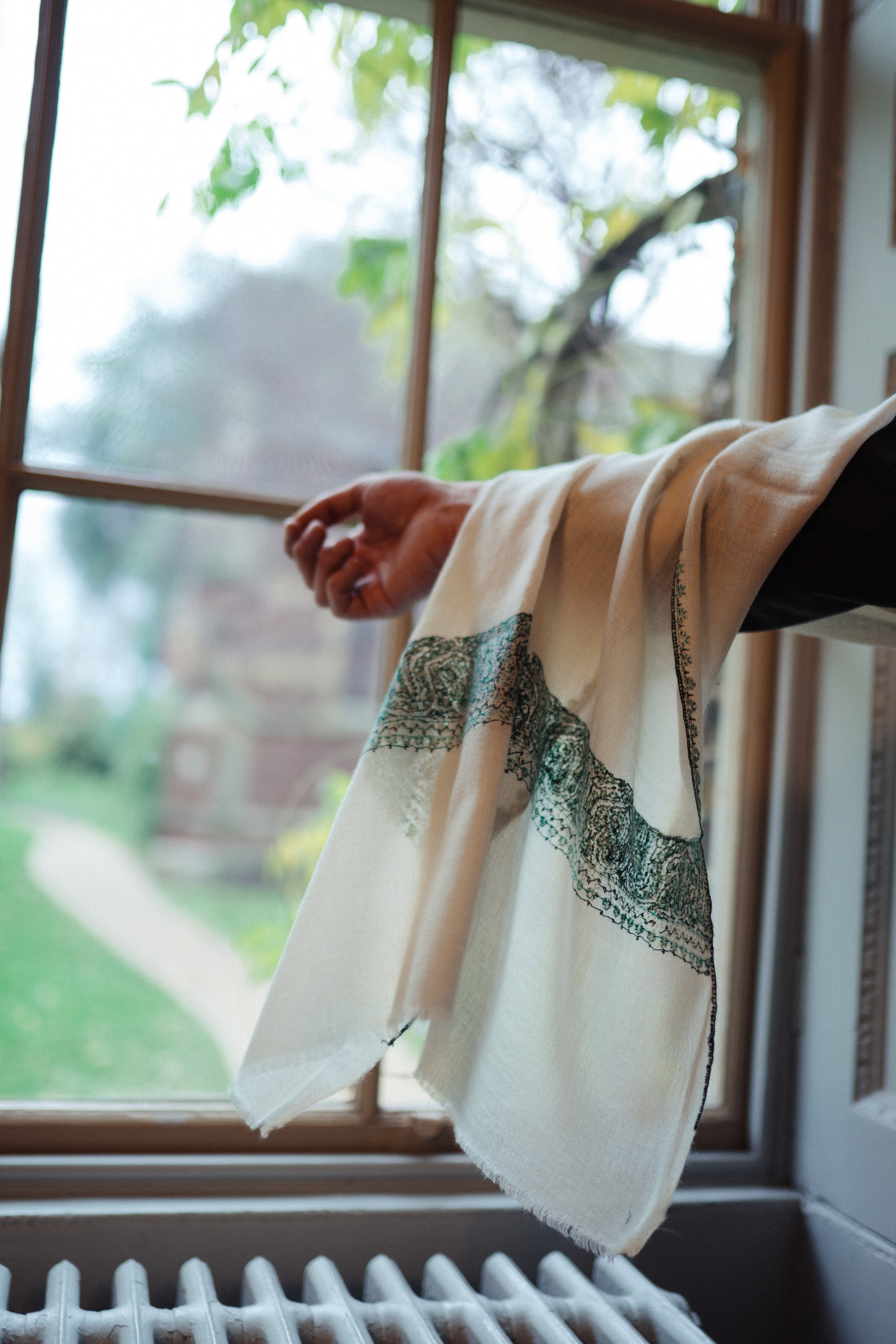 Pure Pashmina Shawl - Cream with Green Hand Embroidery